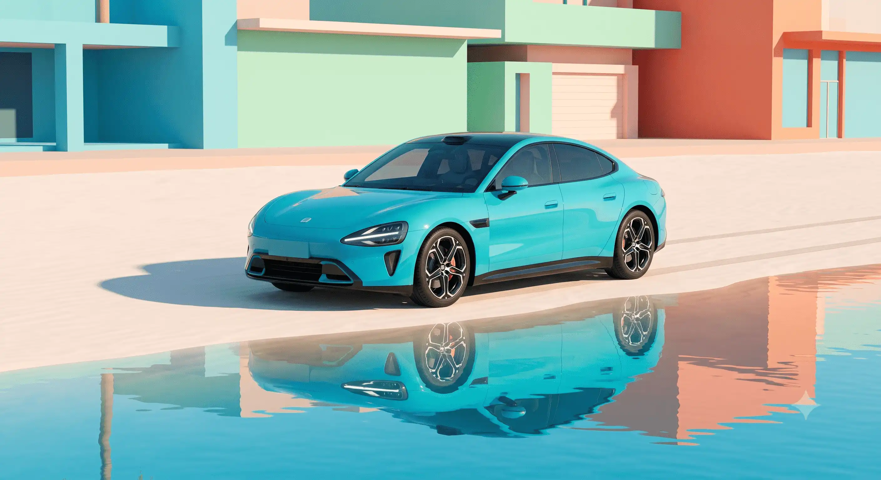 A turquoise Chinese electric saloon against colourful architecture